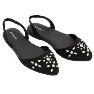 NWT Torrid Embellished Slingback Flat Shoes Black Sz 11 (WW) Jewelled Ballerina